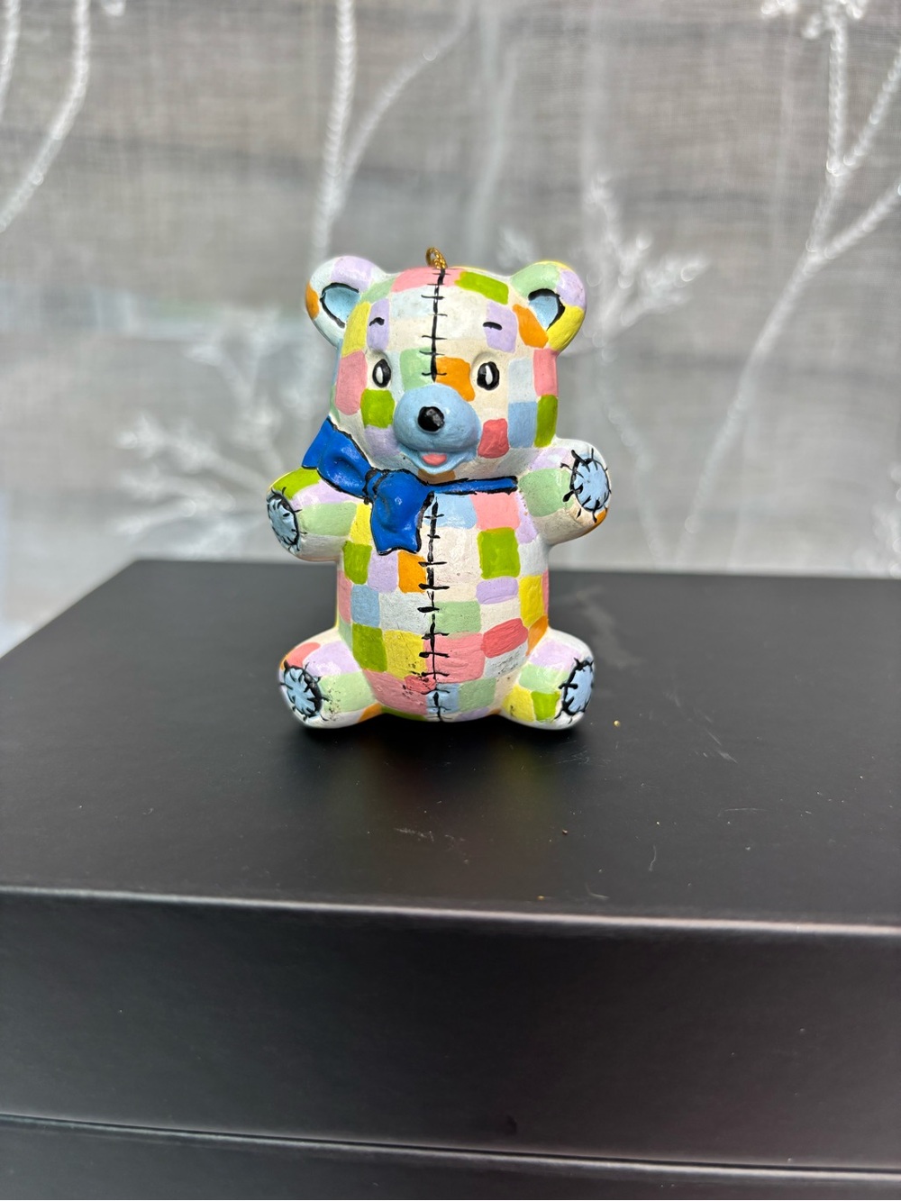 1975 Vintage Duncan Ceramic Patchwork Quilted Teddy Bear Figure Ornament